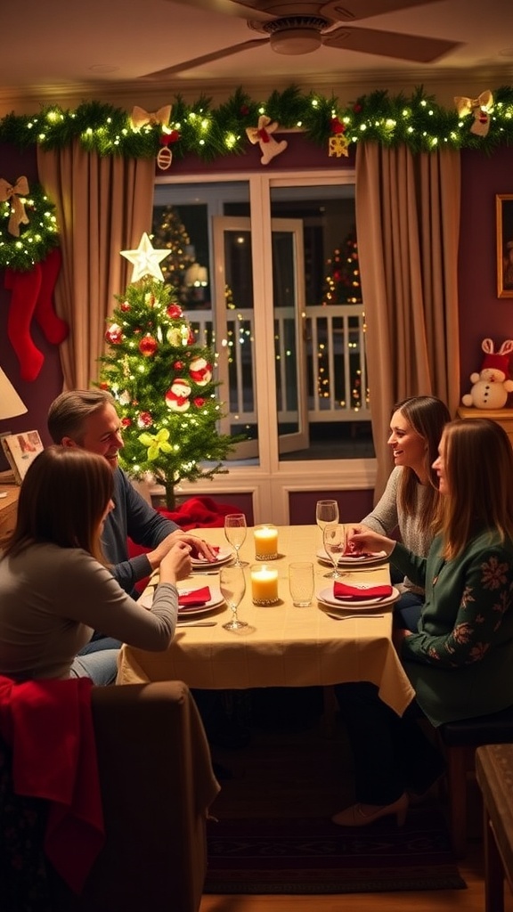 Three friends enjoying Christmas games in a festive living room decorated for the holidays.